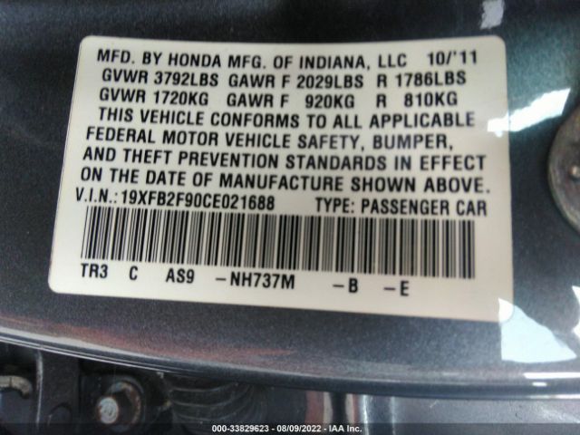 Photo 8 VIN: 19XFB2F90CE021688 - HONDA CIVIC SDN 