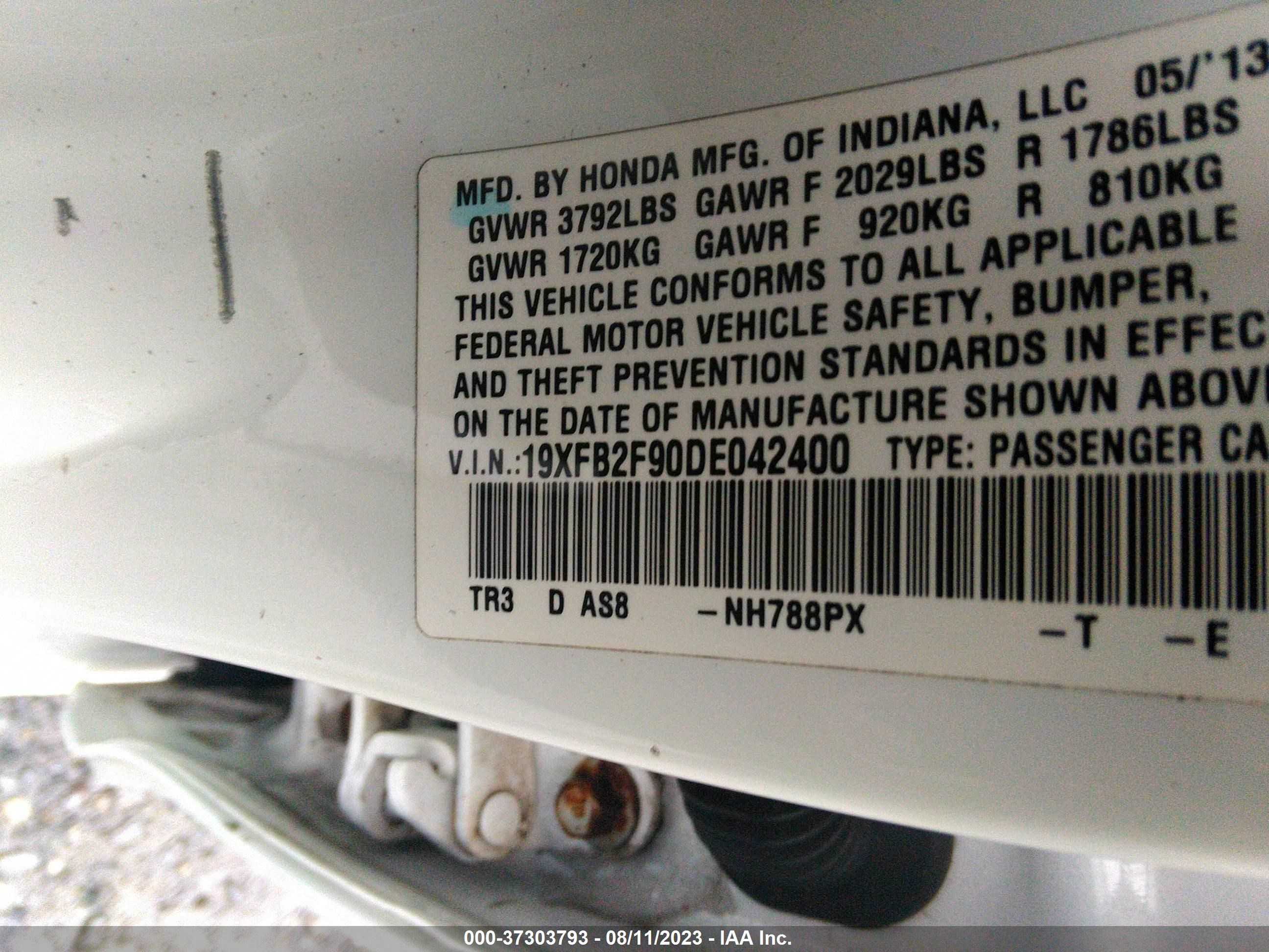 Photo 8 VIN: 19XFB2F90DE042400 - HONDA CIVIC 