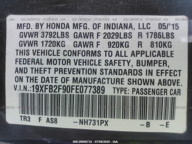 Photo 8 VIN: 19XFB2F90FE077389 - HONDA CIVIC SEDAN 