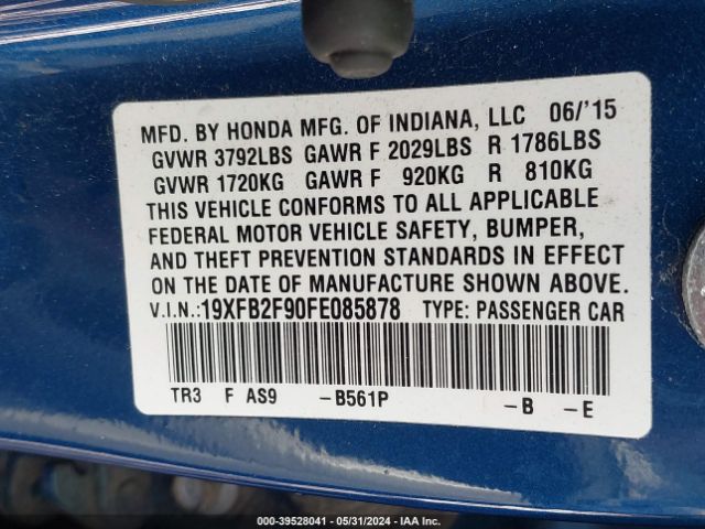 Photo 8 VIN: 19XFB2F90FE085878 - HONDA CIVIC 