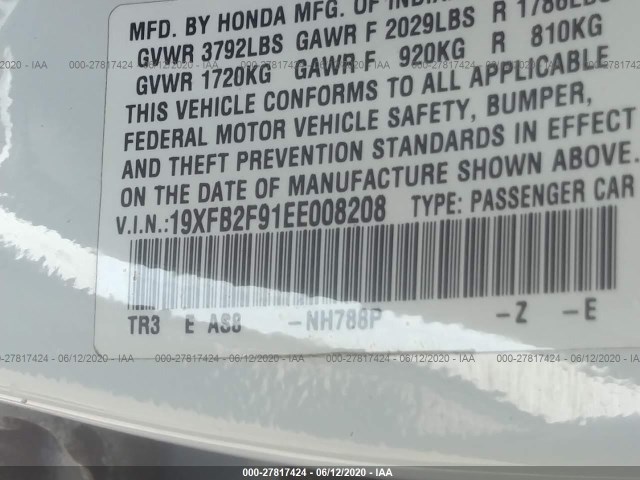 Photo 8 VIN: 19XFB2F91EE008208 - HONDA CIVIC SEDAN 