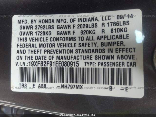 Photo 8 VIN: 19XFB2F91EE080915 - HONDA CIVIC SEDAN 