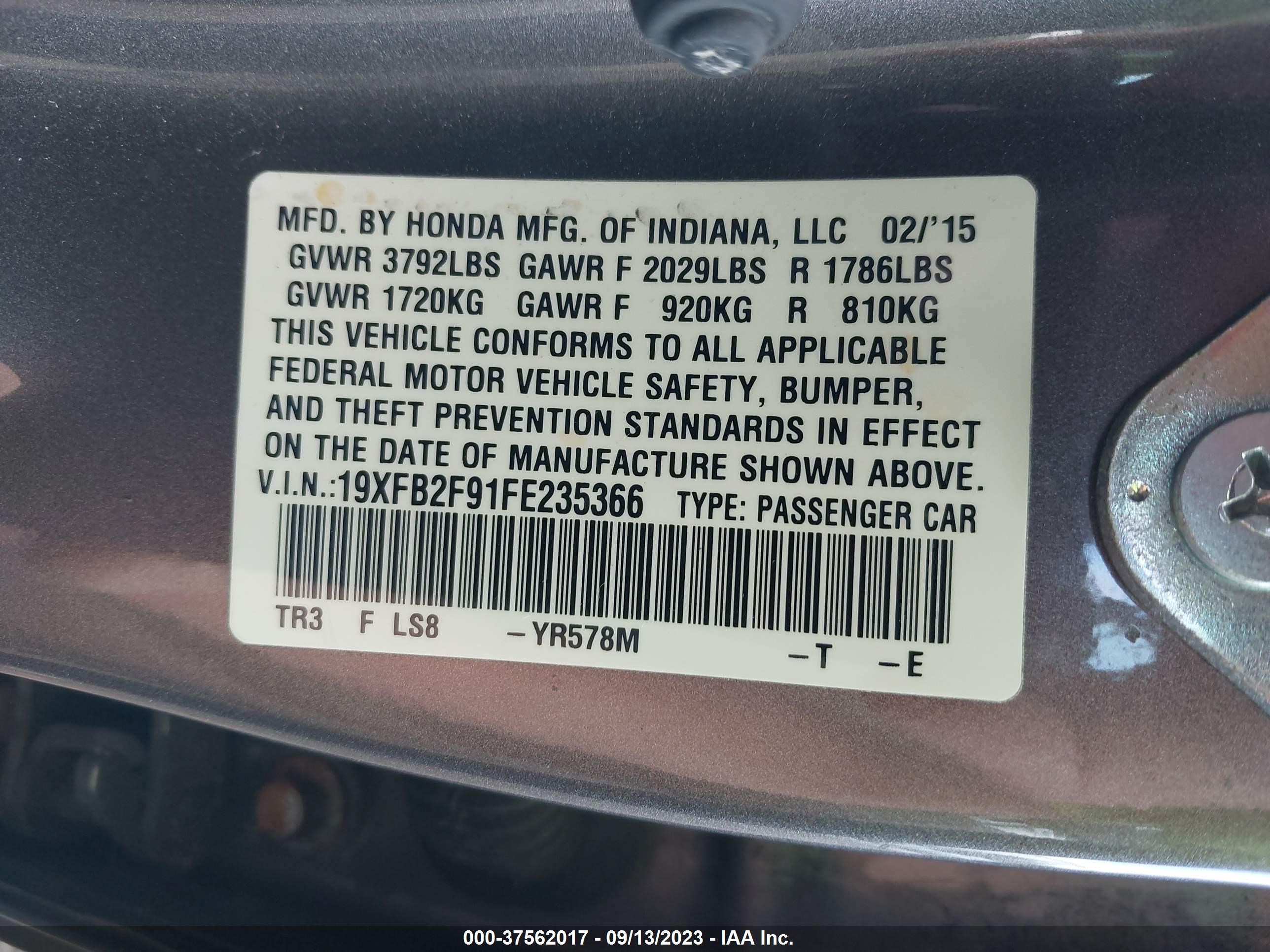 Photo 8 VIN: 19XFB2F91FE235366 - HONDA CIVIC 