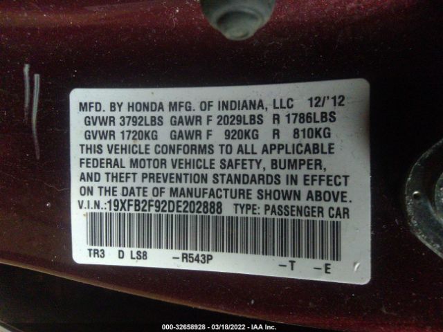 Photo 8 VIN: 19XFB2F92DE202888 - HONDA CIVIC SDN 