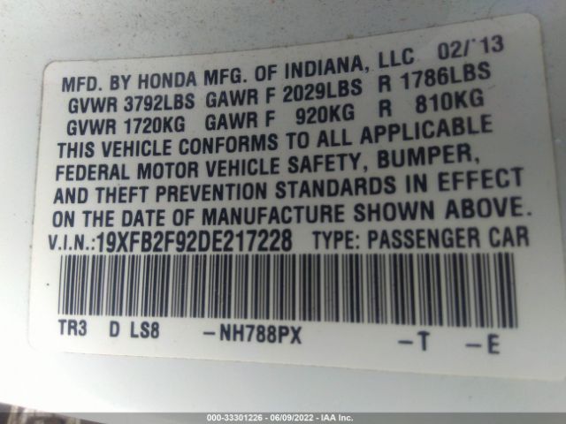 Photo 8 VIN: 19XFB2F92DE217228 - HONDA CIVIC SDN 