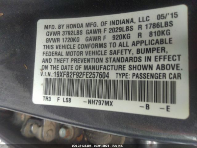 Photo 8 VIN: 19XFB2F92FE257604 - HONDA CIVIC SEDAN 