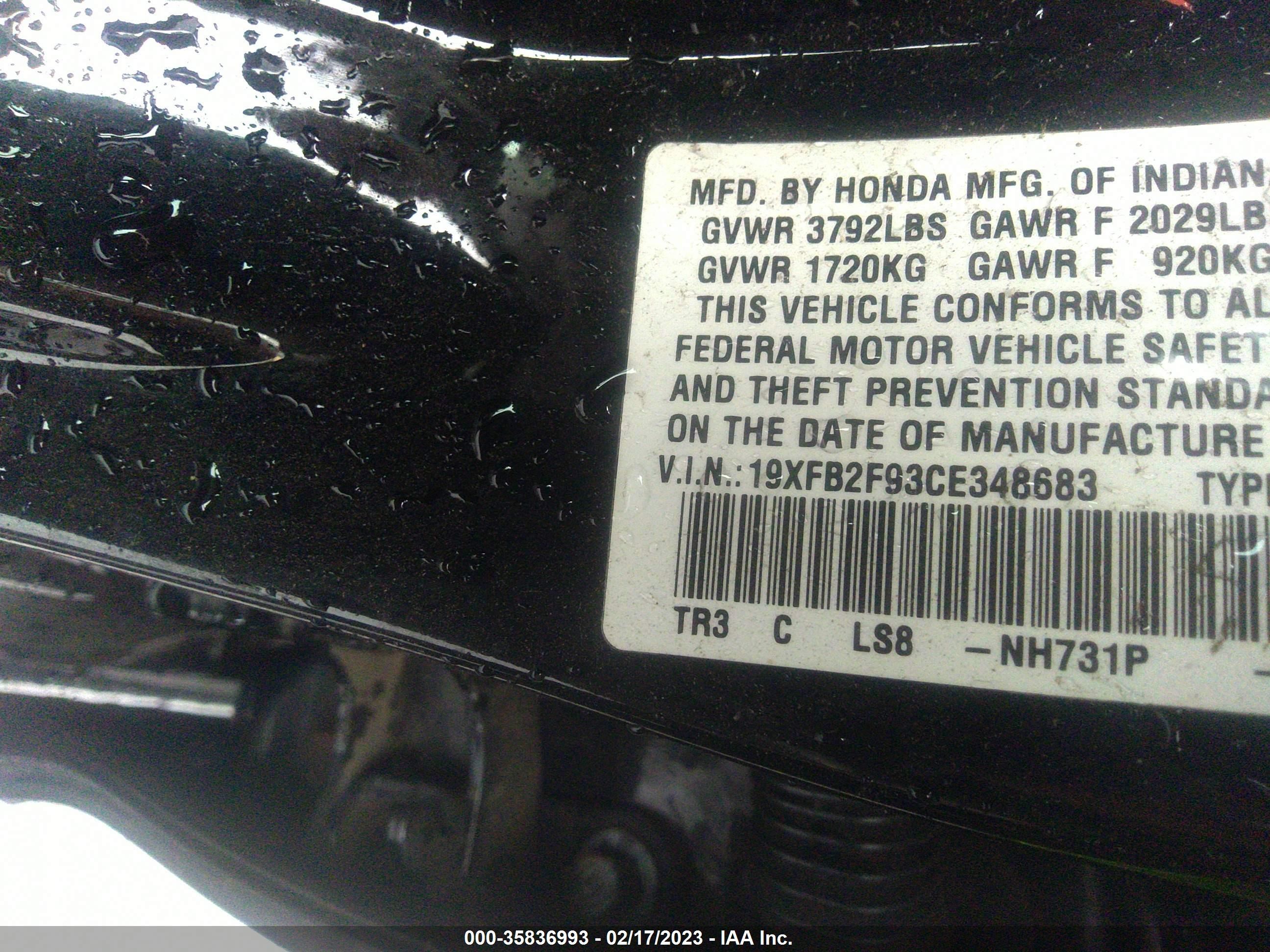 Photo 8 VIN: 19XFB2F93CE348683 - HONDA CIVIC 