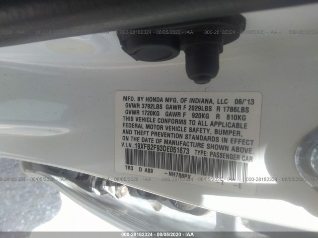 Photo 8 VIN: 19XFB2F93DE051673 - HONDA CIVIC SDN 