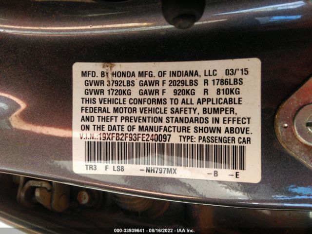 Photo 8 VIN: 19XFB2F93FE240097 - HONDA CIVIC SEDAN 