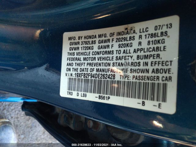 Photo 8 VIN: 19XFB2F94DE262428 - HONDA CIVIC SDN 