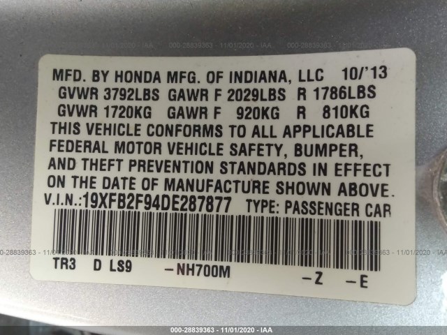 Photo 8 VIN: 19XFB2F94DE287877 - HONDA CIVIC SDN 