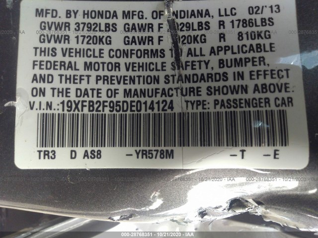 Photo 8 VIN: 19XFB2F95DE014124 - HONDA CIVIC SDN 