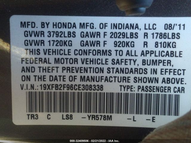 Photo 8 VIN: 19XFB2F96CE308338 - HONDA CIVIC SDN 