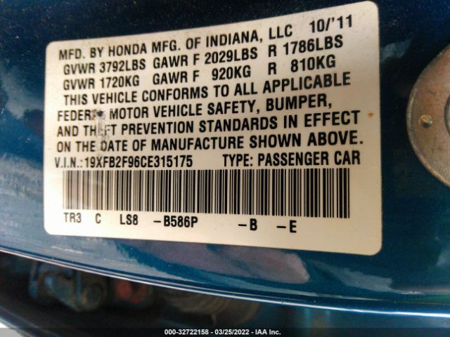 Photo 8 VIN: 19XFB2F96CE315175 - HONDA CIVIC SDN 