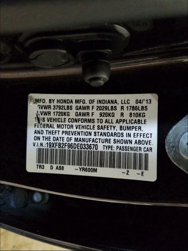 Photo 9 VIN: 19XFB2F96DE033670 - HONDA CIVIC EXL 