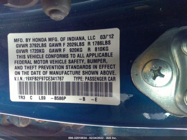 Photo 8 VIN: 19XFB2F97CE341767 - HONDA CIVIC SDN 