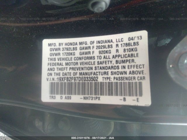 Photo 8 VIN: 19XFB2F97DE033502 - HONDA CIVIC SDN 