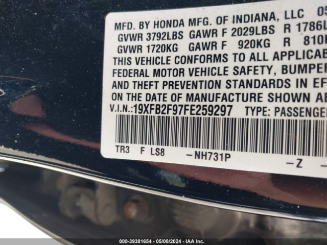 Photo 8 VIN: 19XFB2F97FE259297 - HONDA CIVIC 