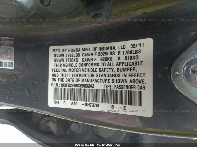 Photo 8 VIN: 19XFB2F98CE003343 - HONDA CIVIC SDN 