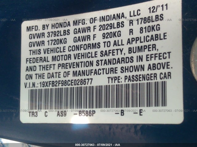 Photo 8 VIN: 19XFB2F98CE028677 - HONDA CIVIC SDN 