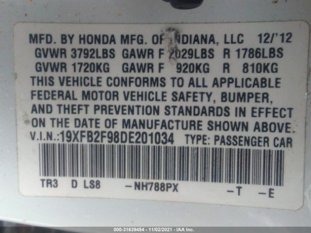 Photo 8 VIN: 19XFB2F98DE201034 - HONDA CIVIC SDN 