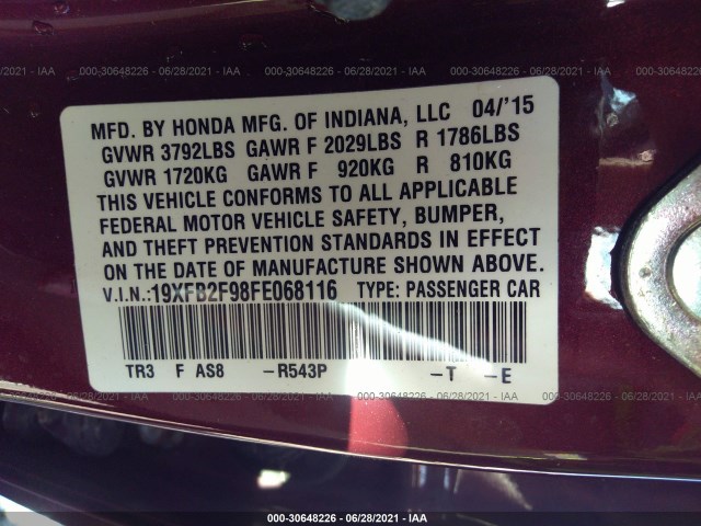 Photo 8 VIN: 19XFB2F98FE068116 - HONDA CIVIC SEDAN 