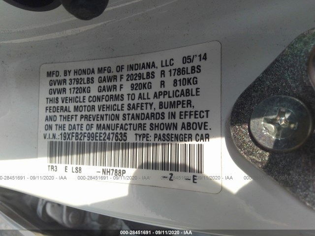 Photo 8 VIN: 19XFB2F99EE247635 - HONDA CIVIC SEDAN 