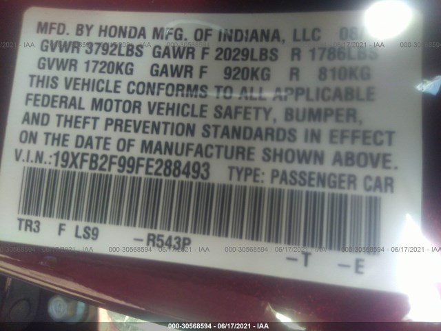 Photo 8 VIN: 19XFB2F99FE288493 - HONDA CIVIC SEDAN 