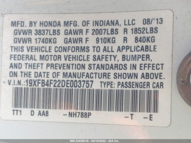 Photo 8 VIN: 19XFB4F22DE003757 - HONDA CIVIC HYBRID 