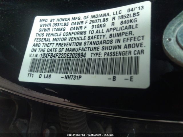 Photo 8 VIN: 19XFB4F22DE202694 - HONDA CIVIC HYBRID 