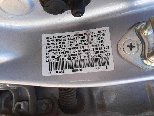 Photo 9 VIN: 19XFB4F27DE001616 - HONDA CIVIC HYBR 