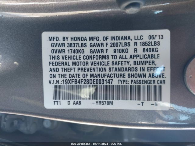 Photo 8 VIN: 19XFB4F28DE003147 - HONDA CIVIC HYBRID 