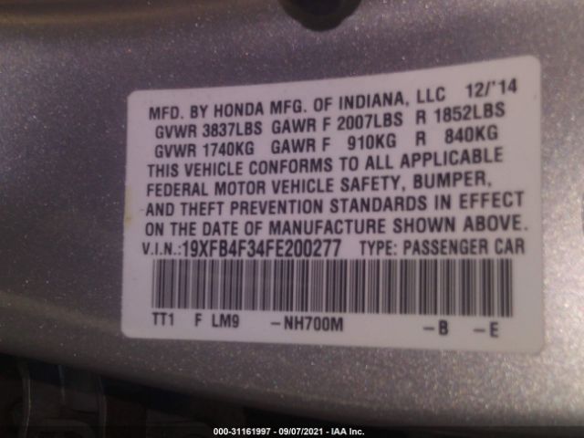 Photo 8 VIN: 19XFB4F34FE200277 - HONDA CIVIC HYBRID 