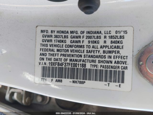 Photo 8 VIN: 19XFB4F37FE001188 - HONDA CIVIC HYBRID 