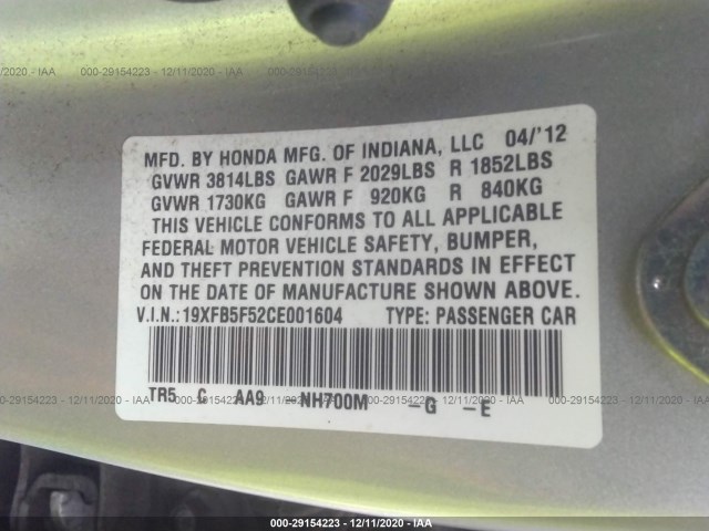 Photo 8 VIN: 19XFB5F52CE001604 - HONDA CIVIC SDN 