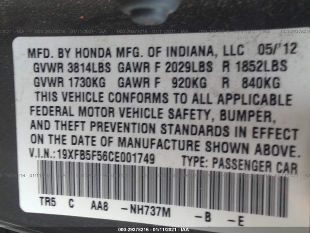 Photo 8 VIN: 19XFB5F56CE001749 - HONDA CIVIC SDN 