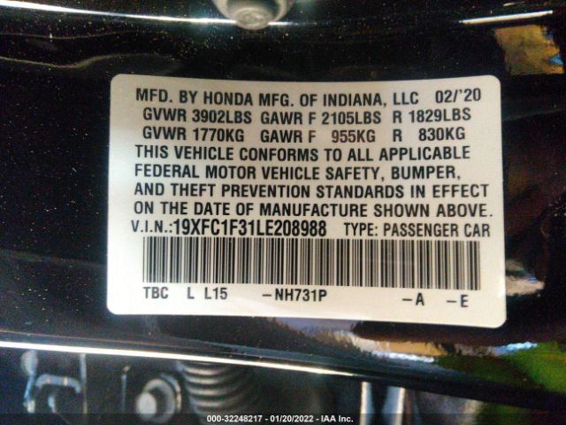 Photo 8 VIN: 19XFC1F31LE208988 - HONDA CIVIC SEDAN 