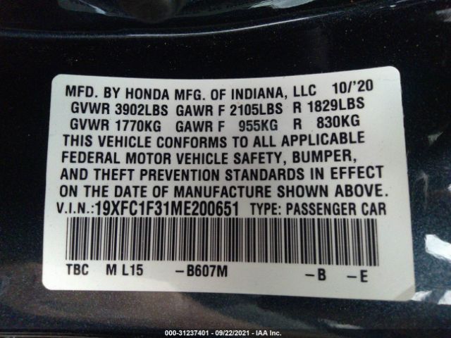 Photo 8 VIN: 19XFC1F31ME200651 - HONDA CIVIC SEDAN 