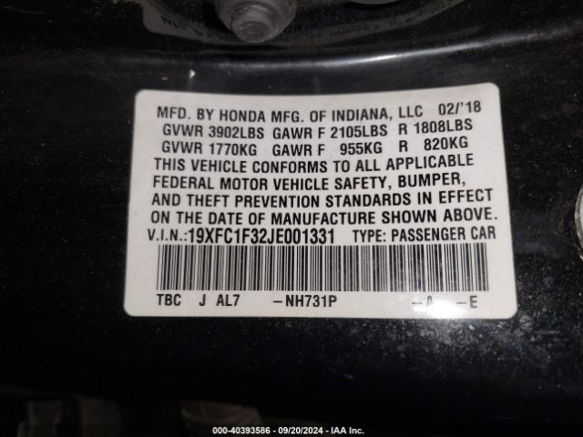 Photo 8 VIN: 19XFC1F32JE001331 - HONDA CIVIC 