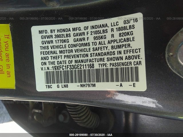 Photo 8 VIN: 19XFC1F33GE211168 - HONDA CIVIC SEDAN 