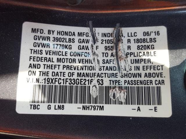 Photo 9 VIN: 19XFC1F33GE216063 - HONDA CIVIC EX 