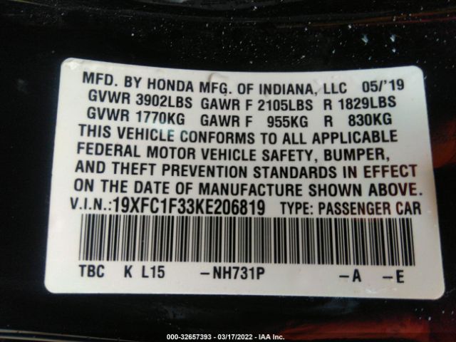 Photo 8 VIN: 19XFC1F33KE206819 - HONDA CIVIC SEDAN 