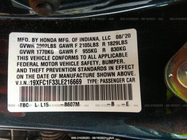 Photo 8 VIN: 19XFC1F33LE216669 - HONDA CIVIC SEDAN 