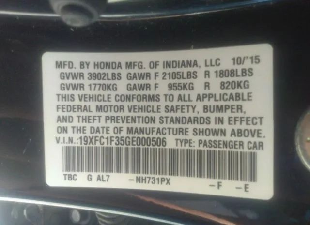 Photo 8 VIN: 19XFC1F35GE000506 - HONDA CIVIC SEDAN 