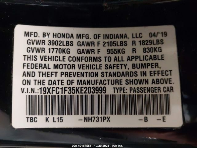 Photo 8 VIN: 19XFC1F35KE203999 - HONDA CIVIC 