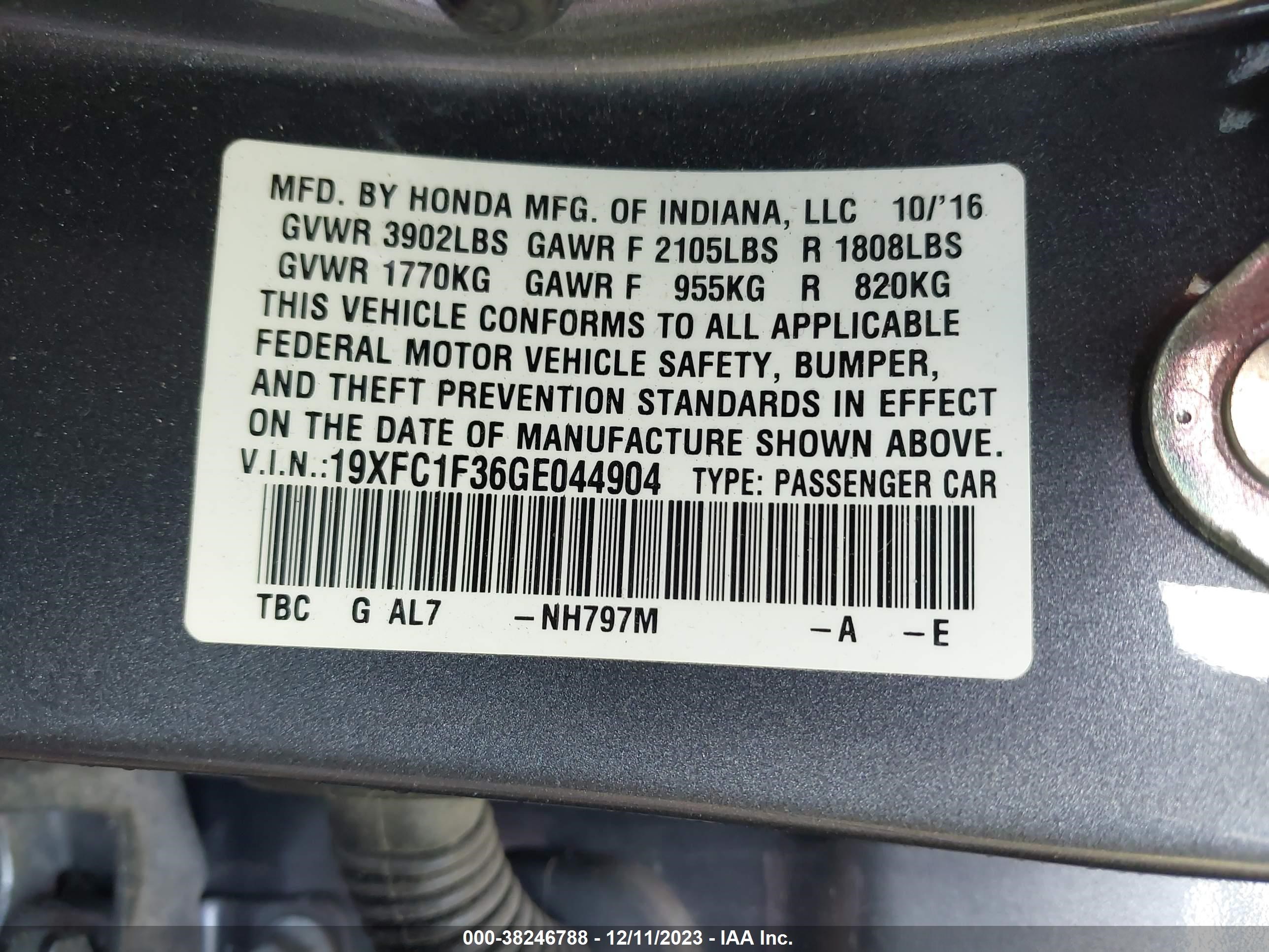 Photo 8 VIN: 19XFC1F36GE044904 - HONDA CIVIC 