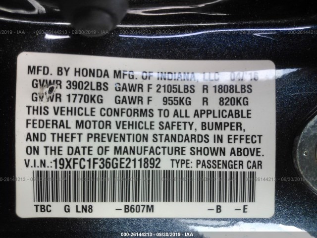 Photo 8 VIN: 19XFC1F36GE211892 - HONDA CIVIC SEDAN 