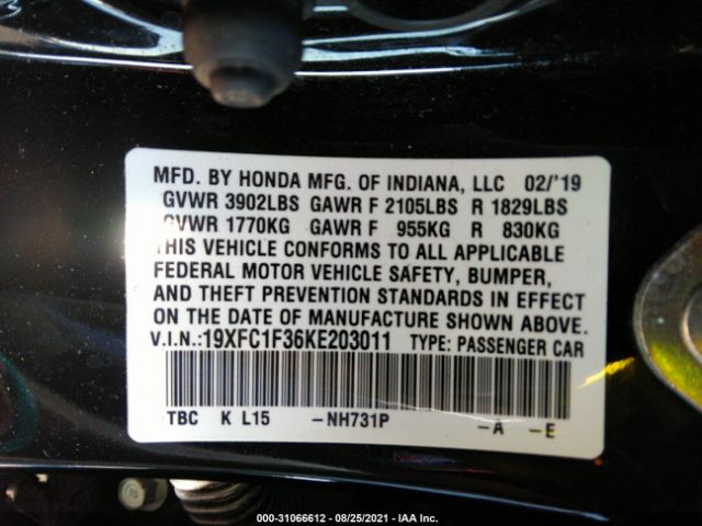 Photo 8 VIN: 19XFC1F36KE203011 - HONDA CIVIC SEDAN 