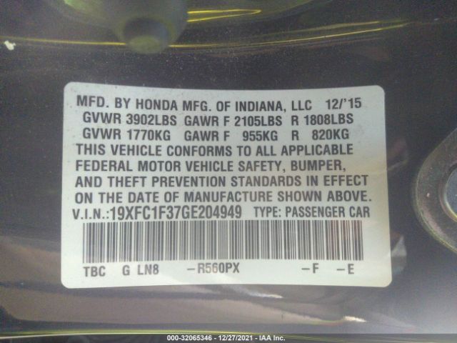 Photo 8 VIN: 19XFC1F37GE204949 - HONDA CIVIC SEDAN 