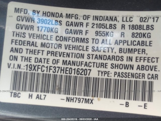 Photo 8 VIN: 19XFC1F37HE016207 - HONDA CIVIC SEDAN 